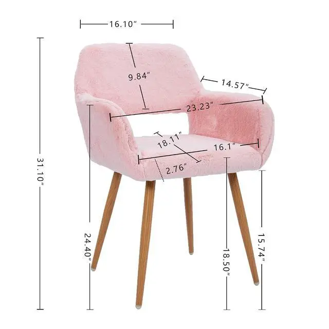Alt view image 3 of 7 - Furry Desk Chair Set of 2, Mid-Century Modern Accent Faux Fur Chair for Teen Girls, Comfy Armchair with Wood Look Metal Legs for Living Room, Home Vanity Makeup Office Desk Chairs No Wheel, Pink