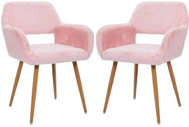 Main image of Furry Desk Chair Set of 2, Mid-Century Modern Accent Faux Fur Chair for Teen Girls, Comfy Armchair with Wood Look Metal Legs for Living Room, Home Vanity Makeup Office Desk Chairs No Wheel, Pink
