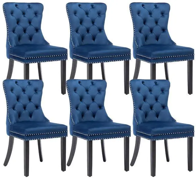 Main image of Velvet Dining Chairs Set of 6, Upholstered High-end Tufted Dining Room Chair with Nailhead Back Ring Pull Trim Solid Wood Legs, Nikki Collection Modern Style for Kitchen, Blue