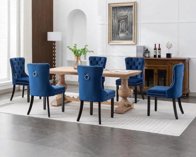 Alt view image 2 of 7 - Velvet Dining Chairs Set of 6, Upholstered High-end Tufted Dining Room Chair with Nailhead Back Ring Pull Trim Solid Wood Legs, Nikki Collection Modern Style for Kitchen, Blue