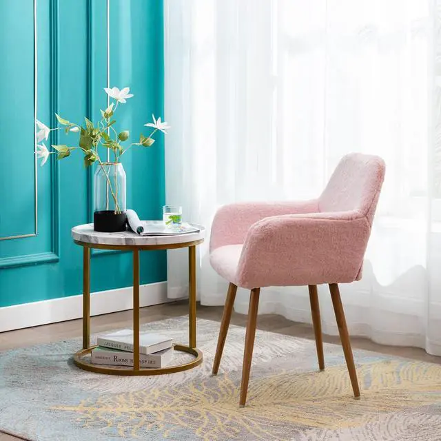 Alt view image 6 of 7 - Furry Desk Chair Set of 2, Mid-Century Modern Accent Faux Fur Chair for Teen Girls, Comfy Armchair with Wood Look Metal Legs for Living Room, Home Vanity Makeup Office Desk Chairs No Wheel, Pink