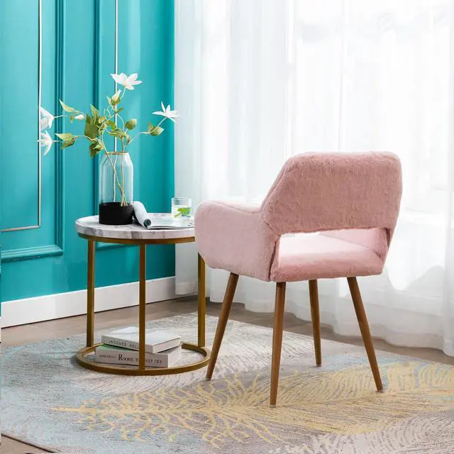Alt view image 7 of 7 - Furry Desk Chair Set of 2, Mid-Century Modern Accent Faux Fur Chair for Teen Girls, Comfy Armchair with Wood Look Metal Legs for Living Room, Home Vanity Makeup Office Desk Chairs No Wheel, Pink