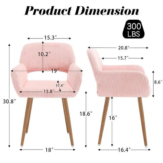 Alt view image 3 of 7 - Small Modern Dining Room Arm Chairs 1 Piece, Mid-Century Upholstered Corduroy Fabric Side Seat Club Guest with Metal Tube Legs for Kitchen, Living Room, Pink