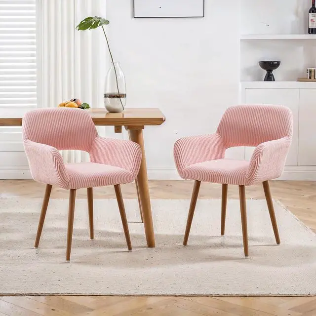 Alt view image 4 of 7 - Small Modern Dining Room Arm Chairs 1 Piece, Mid-Century Upholstered Corduroy Fabric Side Seat Club Guest with Metal Tube Legs for Kitchen, Living Room, Pink