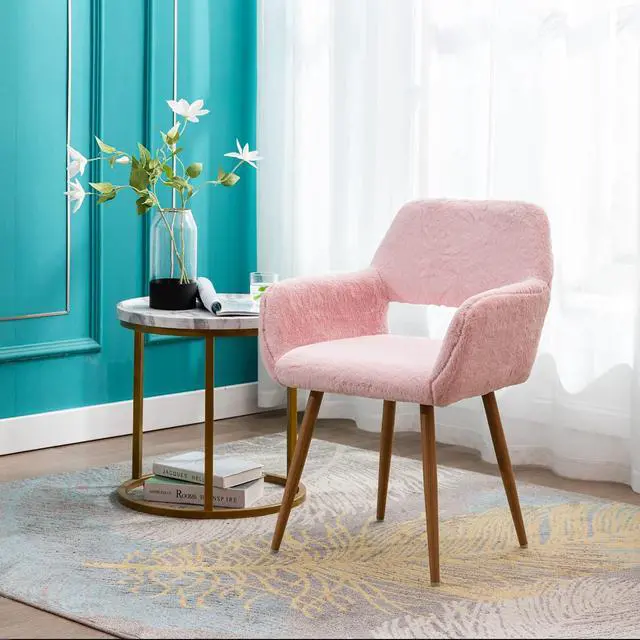 Alt view image 5 of 7 - Furry Desk Chair Set of 2, Mid-Century Modern Accent Faux Fur Chair for Teen Girls, Comfy Armchair with Wood Look Metal Legs for Living Room, Home Vanity Makeup Office Desk Chairs No Wheel, Pink