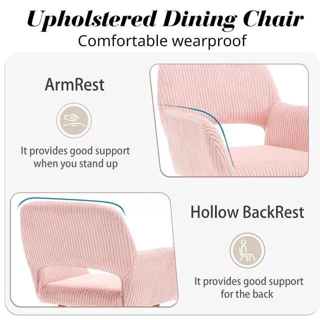 Alt view image 5 of 7 - Small Modern Dining Room Arm Chairs 1 Piece, Mid-Century Upholstered Corduroy Fabric Side Seat Club Guest with Metal Tube Legs for Kitchen, Living Room, Pink