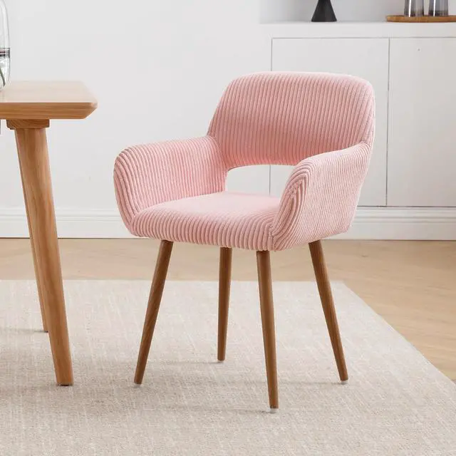 Alt view image 2 of 7 - Small Modern Dining Room Arm Chairs 1 Piece, Mid-Century Upholstered Corduroy Fabric Side Seat Club Guest with Metal Tube Legs for Kitchen, Living Room, Pink