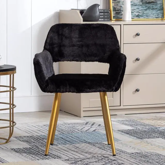 Alt view image 2 of 7 - Furry Desk Chair, Mid-Century Modern Accent Faux Fur Chair for Teen Girls, Comfy Armchair with Wood Look Metal Legs for Living Dining Room, Home Vanity Makeup Office Desk Chairs No Wheel, Black