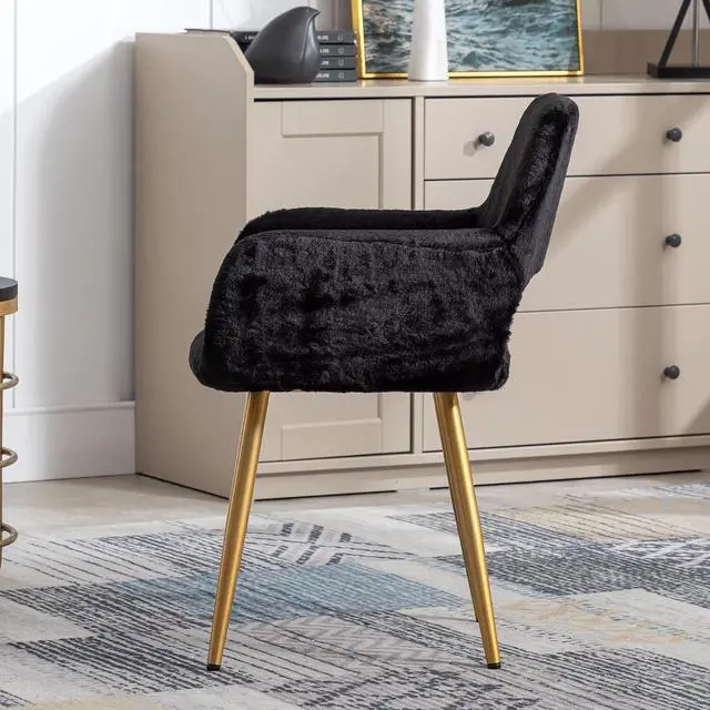 Alt view image 4 of 7 - Furry Desk Chair, Mid-Century Modern Accent Faux Fur Chair for Teen Girls, Comfy Armchair with Wood Look Metal Legs for Living Dining Room, Home Vanity Makeup Office Desk Chairs No Wheel, Black