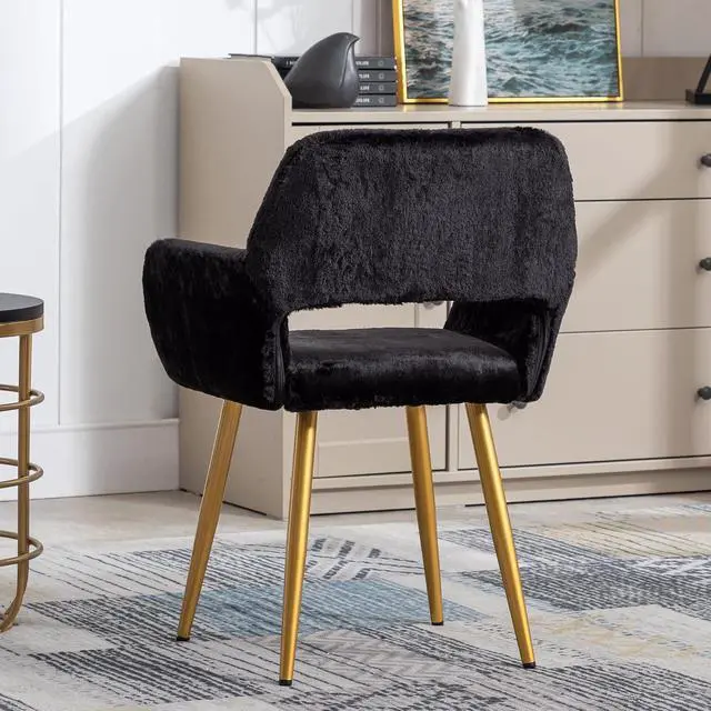 Alt view image 5 of 7 - Furry Desk Chair, Mid-Century Modern Accent Faux Fur Chair for Teen Girls, Comfy Armchair with Wood Look Metal Legs for Living Dining Room, Home Vanity Makeup Office Desk Chairs No Wheel, Black