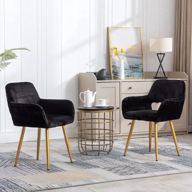 Alt view image 6 of 7 - Furry Desk Chair, Mid-Century Modern Accent Faux Fur Chair for Teen Girls, Comfy Armchair with Wood Look Metal Legs for Living Dining Room, Home Vanity Makeup Office Desk Chairs No Wheel, Black
