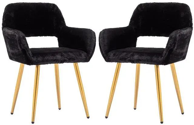 Main image of Furry Desk Chair Set of 2, Mid-Century Modern Accent Faux Fur Chair for Teen Girls, Comfy Armchair with Wood Look Metal Legs for Living Dining Room, Home Vanity Makeup Office Desk Chairs No Wheel