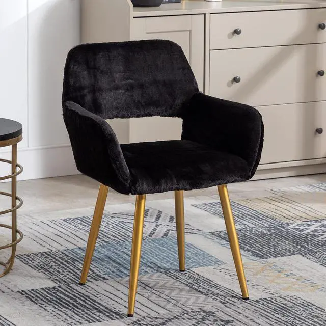 Alt view image 2 of 7 - Furry Desk Chair Set of 2, Mid-Century Modern Accent Faux Fur Chair for Teen Girls, Comfy Armchair with Wood Look Metal Legs for Living Dining Room, Home Vanity Makeup Office Desk Chairs No Wheel