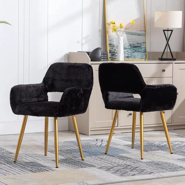 Alt view image 7 of 7 - Furry Desk Chair, Mid-Century Modern Accent Faux Fur Chair for Teen Girls, Comfy Armchair with Wood Look Metal Legs for Living Dining Room, Home Vanity Makeup Office Desk Chairs No Wheel, Black