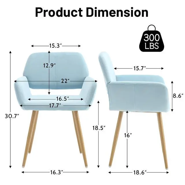 Alt view image 3 of 7 - Small Modern Dining Room Arm Chairs 1 Piece, Mid-Century Upholstered Velvet Side Seat Club Guest with Metal Tube Legs for Kitchen, Living Room, Blue