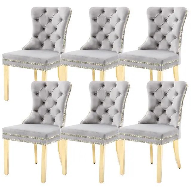 Main image of Velvet Dining Chairs Set of 6, Upholstered High-end Tufted Dining Chair with Nailhead Back Ring Pull Trim Stainless Steel Legs, Contemporary Nikki Collection Modern Style for Kitchen, Light Gray