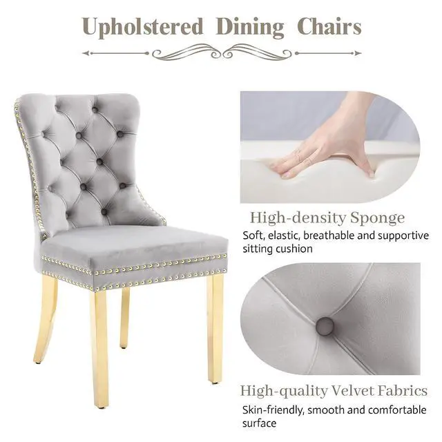 Alt view image 4 of 7 - Velvet Dining Chairs Set of 6, Upholstered High-end Tufted Dining Chair with Nailhead Back Ring Pull Trim Stainless Steel Legs, Contemporary Nikki Collection Modern Style for Kitchen, Light Gray