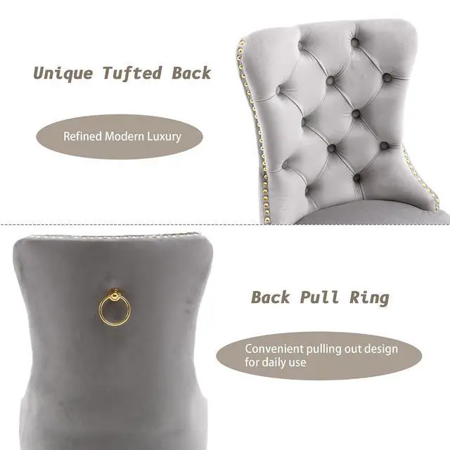 Alt view image 6 of 7 - Velvet Dining Chairs Set of 6, Upholstered High-end Tufted Dining Chair with Nailhead Back Ring Pull Trim Stainless Steel Legs, Contemporary Nikki Collection Modern Style for Kitchen, Light Gray