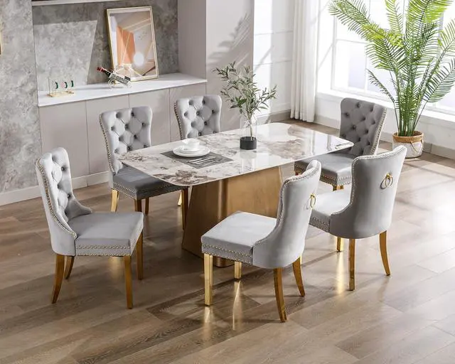 Alt view image 2 of 7 - Velvet Dining Chairs Set of 6, Upholstered High-end Tufted Dining Chair with Nailhead Back Ring Pull Trim Stainless Steel Legs, Contemporary Nikki Collection Modern Style for Kitchen, Light Gray