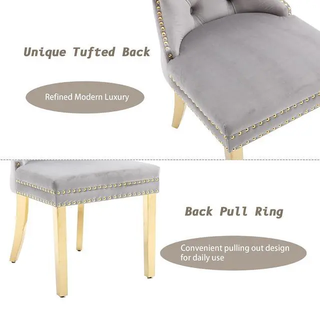Alt view image 7 of 7 - Velvet Dining Chairs Set of 6, Upholstered High-end Tufted Dining Chair with Nailhead Back Ring Pull Trim Stainless Steel Legs, Contemporary Nikki Collection Modern Style for Kitchen, Light Gray