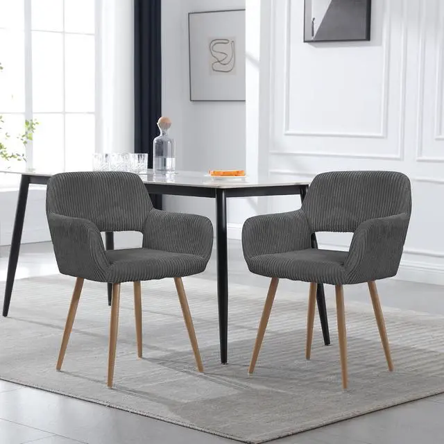 Alt view image 2 of 7 - Small Modern Dining Room Arm Chairs Set of 4, Mid-Century Upholstered Corduroy Fabric Side Seat Club Guest with Metal Tube Legs for Kitchen, Living Room, Gray