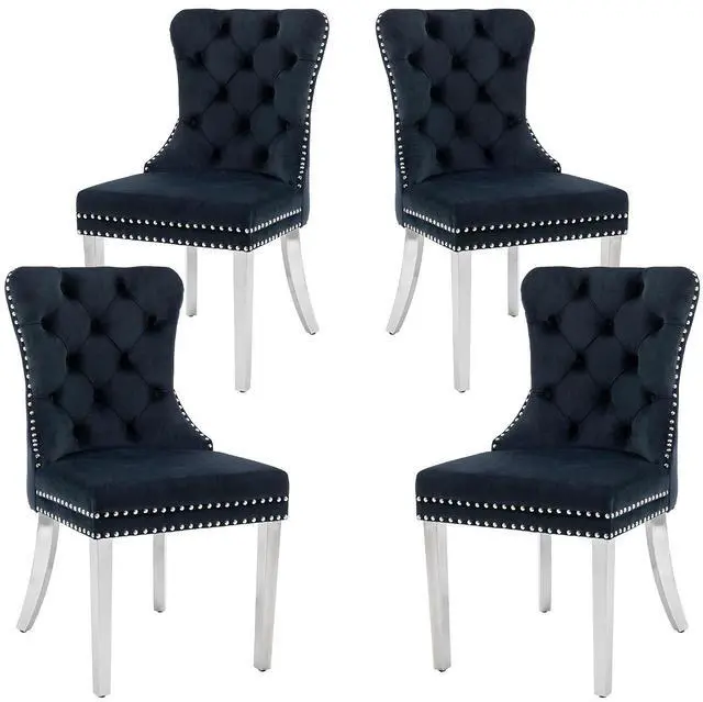 Main image of Velvet Dining Chairs Set of 4, Upholstered High-end Tufted Dining Room Chair with Nailhead Back Ring Pull Trim Stainless Steel Legs, Contemporary Nikki Collection Modern Style for Kitchen, Black