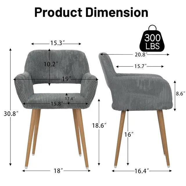 Alt view image 3 of 7 - Small Modern Dining Room Arm Chairs Set of 4, Mid-Century Upholstered Corduroy Fabric Side Seat Club Guest with Metal Tube Legs for Kitchen, Living Room, Gray