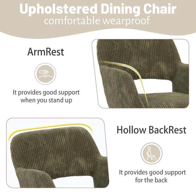 Alt view image 4 of 7 - Small Modern Dining Room Arm Chairs 1 Piece, Mid-Century Upholstered Corduroy Fabric Side Seat Club Guest with Metal Tube Legs for Kitchen, Living Room, Green
