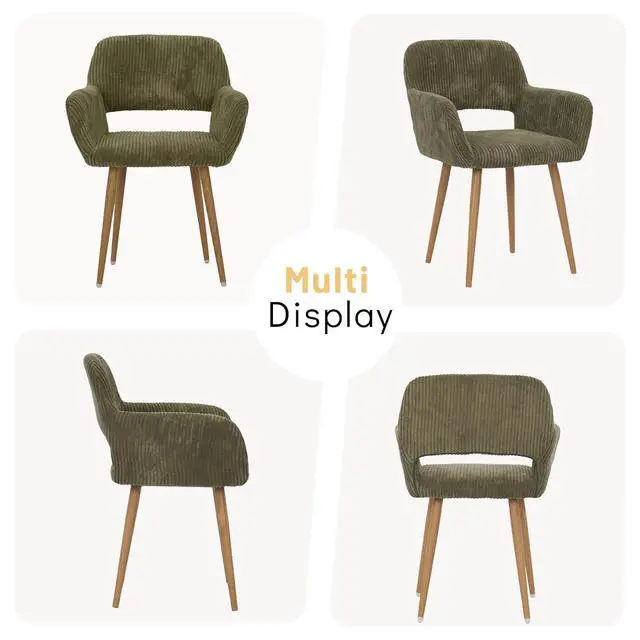 Alt view image 7 of 7 - Small Modern Dining Room Arm Chairs 1 Piece, Mid-Century Upholstered Corduroy Fabric Side Seat Club Guest with Metal Tube Legs for Kitchen, Living Room, Green