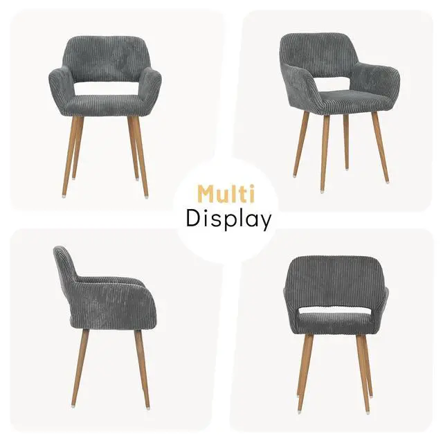 Alt view image 7 of 7 - Small Modern Dining Room Arm Chairs Set of 2, Mid-Century Upholstered Corduroy Fabric Side Seat Club Guest with Metal Tube Legs for Kitchen, Living Room, Gray