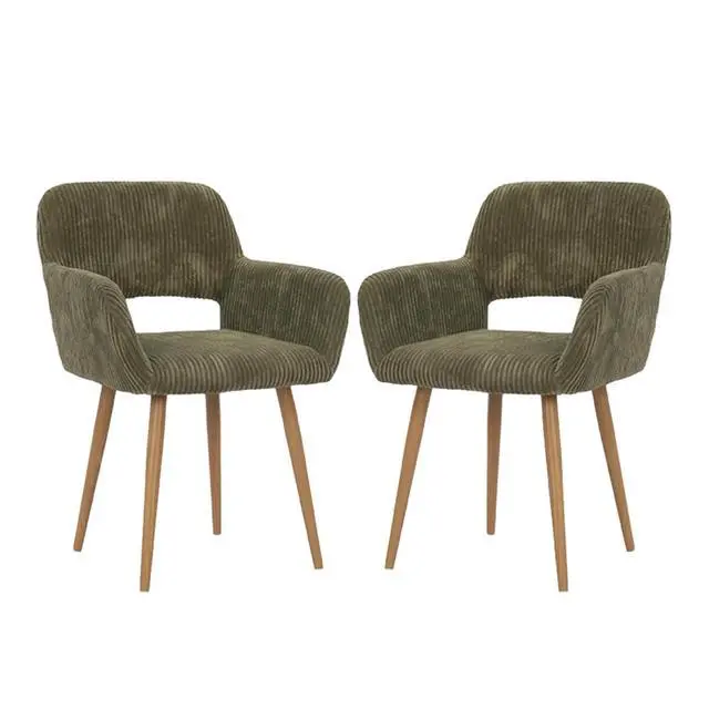 Main image of Small Modern Dining Room Arm Chairs Set of 2, Mid-Century Upholstered Corduroy Fabric Side Seat Club Guest with Metal Tube Legs for Kitchen, Living Room, Green