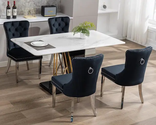 Alt view image 2 of 7 - Velvet Dining Chairs Set of 4, Upholstered High-end Tufted Dining Room Chair with Nailhead Back Ring Pull Trim Stainless Steel Legs, Contemporary Nikki Collection Modern Style for Kitchen, Black