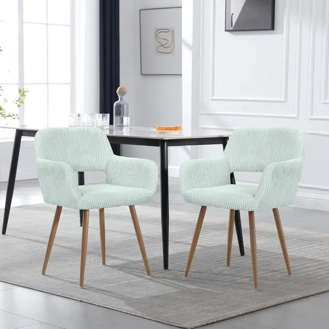 Alt view image 2 of 7 - Small Modern Dining Room Arm Chairs Set of 2, Mid-Century Upholstered Corduroy Fabric Side Seat Club Guest with Metal Tube Legs for Kitchen, Living Room, Blue