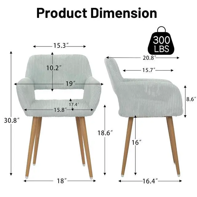 Alt view image 3 of 7 - Small Modern Dining Room Arm Chairs Set of 2, Mid-Century Upholstered Corduroy Fabric Side Seat Club Guest with Metal Tube Legs for Kitchen, Living Room, Blue