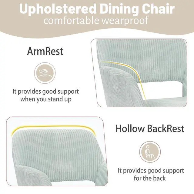 Alt view image 4 of 7 - Small Modern Dining Room Arm Chairs Set of 2, Mid-Century Upholstered Corduroy Fabric Side Seat Club Guest with Metal Tube Legs for Kitchen, Living Room, Blue