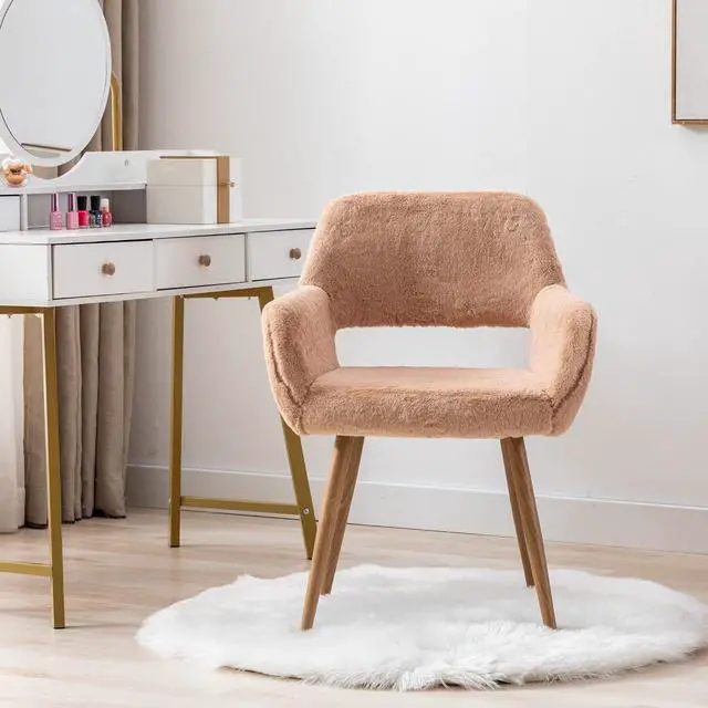 Alt view image 2 of 7 - Furry Desk Chair, Mid-Century Modern Accent Faux Fur Chair for Teen Girls, Comfy Armchair with Wood Look Metal Legs for Living Dining Room, Home Vanity Makeup Office Desk Chairs No Wheel, Camel