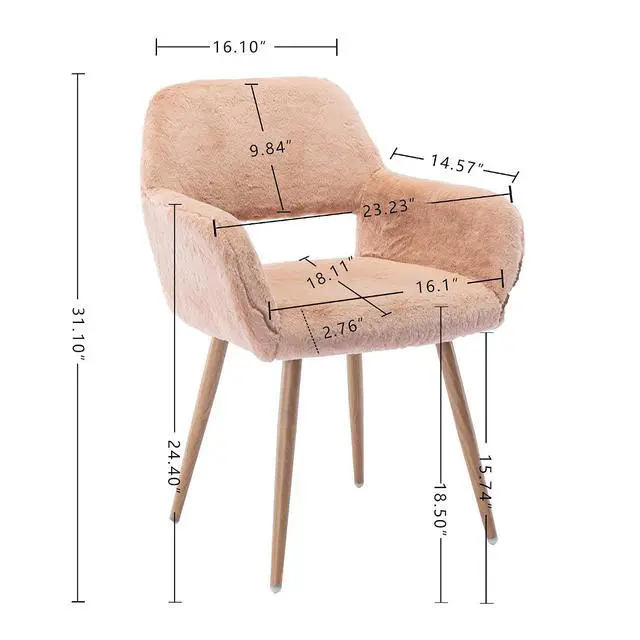 Alt view image 3 of 7 - Furry Desk Chair, Mid-Century Modern Accent Faux Fur Chair for Teen Girls, Comfy Armchair with Wood Look Metal Legs for Living Dining Room, Home Vanity Makeup Office Desk Chairs No Wheel, Camel