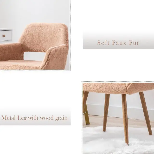 Alt view image 4 of 7 - Furry Desk Chair, Mid-Century Modern Accent Faux Fur Chair for Teen Girls, Comfy Armchair with Wood Look Metal Legs for Living Dining Room, Home Vanity Makeup Office Desk Chairs No Wheel, Camel