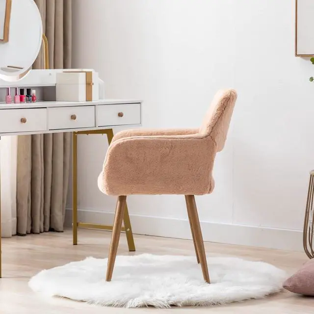 Alt view image 5 of 7 - Furry Desk Chair, Mid-Century Modern Accent Faux Fur Chair for Teen Girls, Comfy Armchair with Wood Look Metal Legs for Living Dining Room, Home Vanity Makeup Office Desk Chairs No Wheel, Camel