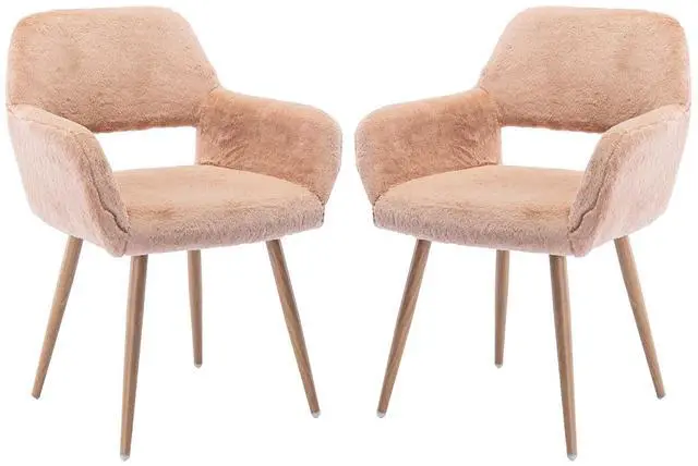 Main image of Furry Desk Chair Set of 2, Mid-Century Modern Accent Faux Fur Chair for Teen Girls, Comfy Armchair with Wood Look Metal Legs for Living Room, Home Vanity Makeup Office Desk Chairs No Wheel,Camel