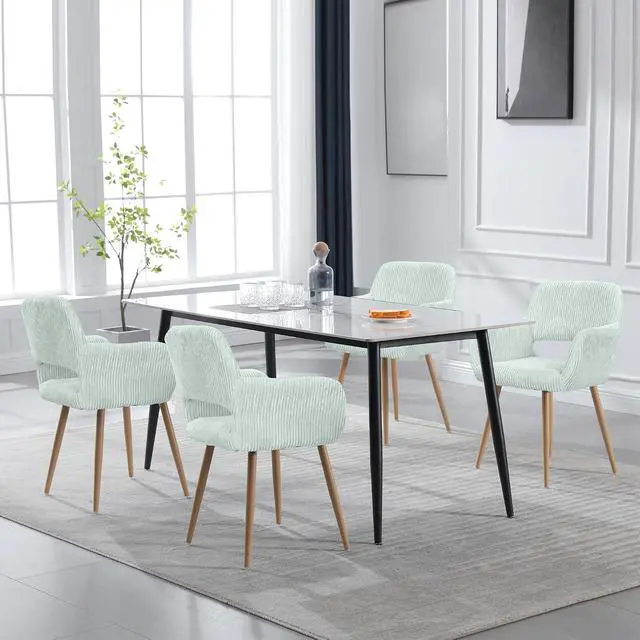 Alt view image 4 of 7 - Small Modern Dining Room Arm Chairs Set of 4, Mid-Century Upholstered Corduroy Fabric Side Seat Club Guest with Metal Tube Legs for Kitchen, Living Room, Blue
