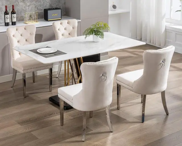 Alt view image 2 of 7 - Velvet Dining Chairs Set of 4, Upholstered High-end Tufted Dining Room Chair with Nailhead Back Ring Pull Trim Stainless Steel Legs, Contemporary Nikki Collection Modern Style for Kitchen, Beige