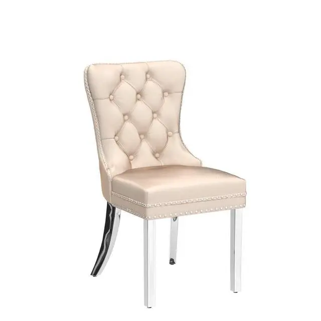 Alt view image 5 of 7 - Velvet Dining Chairs Set of 4, Upholstered High-end Tufted Dining Room Chair with Nailhead Back Ring Pull Trim Stainless Steel Legs, Contemporary Nikki Collection Modern Style for Kitchen, Beige