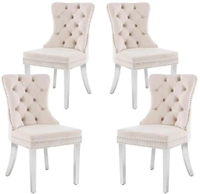 Main image of Velvet Dining Chairs Set of 4, Upholstered High-end Tufted Dining Room Chair with Nailhead Back Ring Pull Trim Stainless Steel Legs, Contemporary Nikki Collection Modern Style for Kitchen, Beige