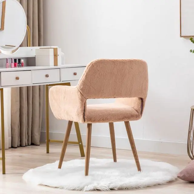 Alt view image 6 of 7 - Furry Desk Chair, Mid-Century Modern Accent Faux Fur Chair for Teen Girls, Comfy Armchair with Wood Look Metal Legs for Living Dining Room, Home Vanity Makeup Office Desk Chairs No Wheel, Camel
