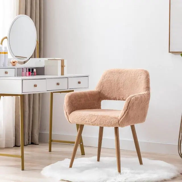 Alt view image 6 of 7 - Furry Desk Chair Set of 2, Mid-Century Modern Accent Faux Fur Chair for Teen Girls, Comfy Armchair with Wood Look Metal Legs for Living Room, Home Vanity Makeup Office Desk Chairs No Wheel,Camel