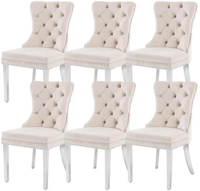 Main image of Velvet Dining Chairs Set of 6, Upholstered High-end Tufted Dining Room Chair with Nailhead Back Ring Pull Trim Stainless Steel Legs, Contemporary Nikki Collection Modern Style for Kitchen, Beige