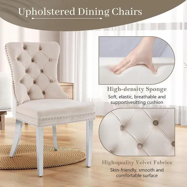 Alt view image 3 of 7 - Velvet Dining Chairs Set of 2, Upholstered High-end Tufted Dining Room Chair with Nailhead Back Ring Pull Trim Stainless Steel Legs, Contemporary Nikki Collection Modern Style for Kitchen, Beige