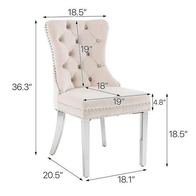 Alt view image 2 of 7 - Velvet Dining Chairs Set of 2, Upholstered High-end Tufted Dining Room Chair with Nailhead Back Ring Pull Trim Stainless Steel Legs, Contemporary Nikki Collection Modern Style for Kitchen, Beige