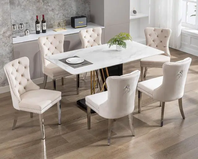 Alt view image 2 of 7 - Velvet Dining Chairs Set of 6, Upholstered High-end Tufted Dining Room Chair with Nailhead Back Ring Pull Trim Stainless Steel Legs, Contemporary Nikki Collection Modern Style for Kitchen, Beige